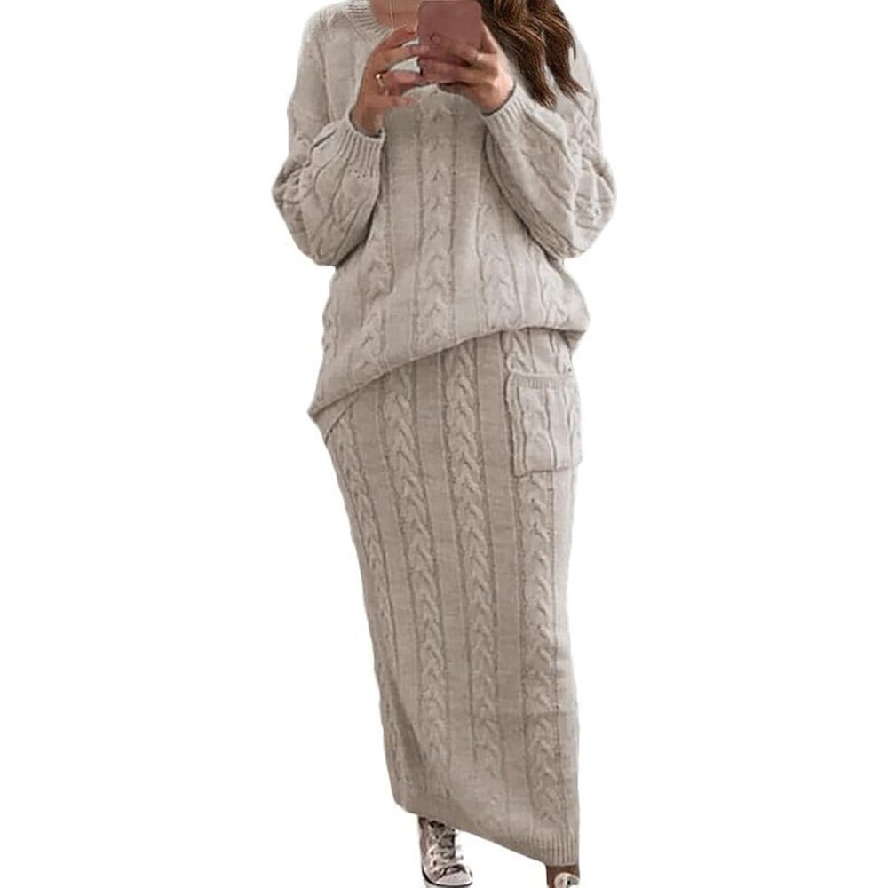 Stylish Women's Chunky Knit Sweater Set - Long Pencil Skirt in Apricot, XL - Picture 1 of 6